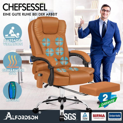 Ergonomischer Bürostuhl mit Massagefunktion und PU-Leder, Braun