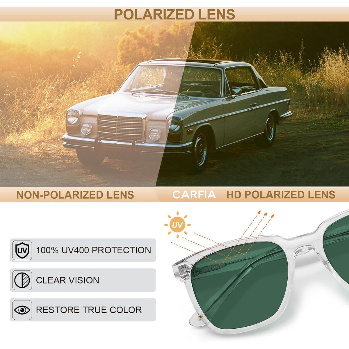 Herren Sonnenbrille polarisiert, Rechteckig, Transparent/Grün