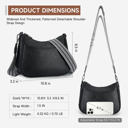 Kleine schwarze Crossbody-Umhängetasche mit breitem Gurt