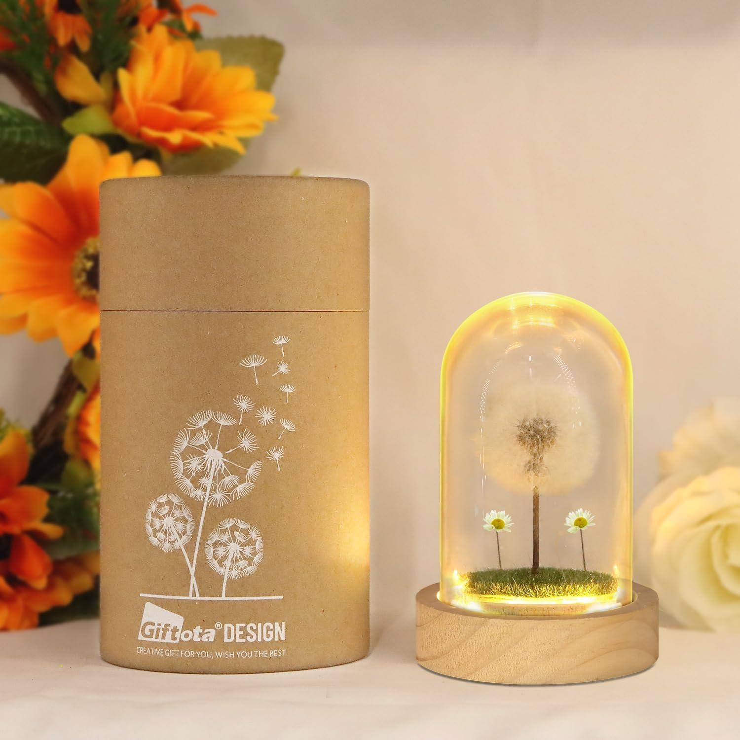 LED Lichterkette mit Echter Pusteblume im Glas - Geschenk