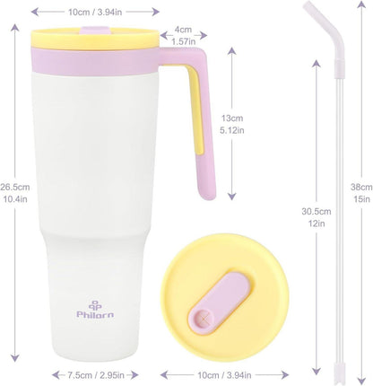 Philorn Thermobecher 1.2L mit Strohhalm und Deckel, Edelstahl Doppelwandig