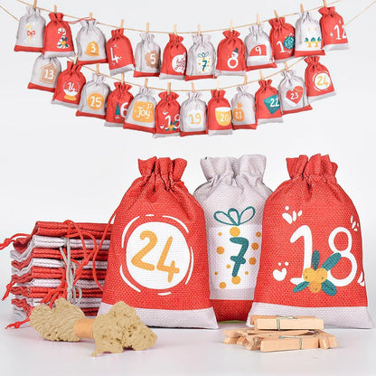 Adventskalender zum Befüllen 2024 Stoff Jutesäckchen 18x13cm