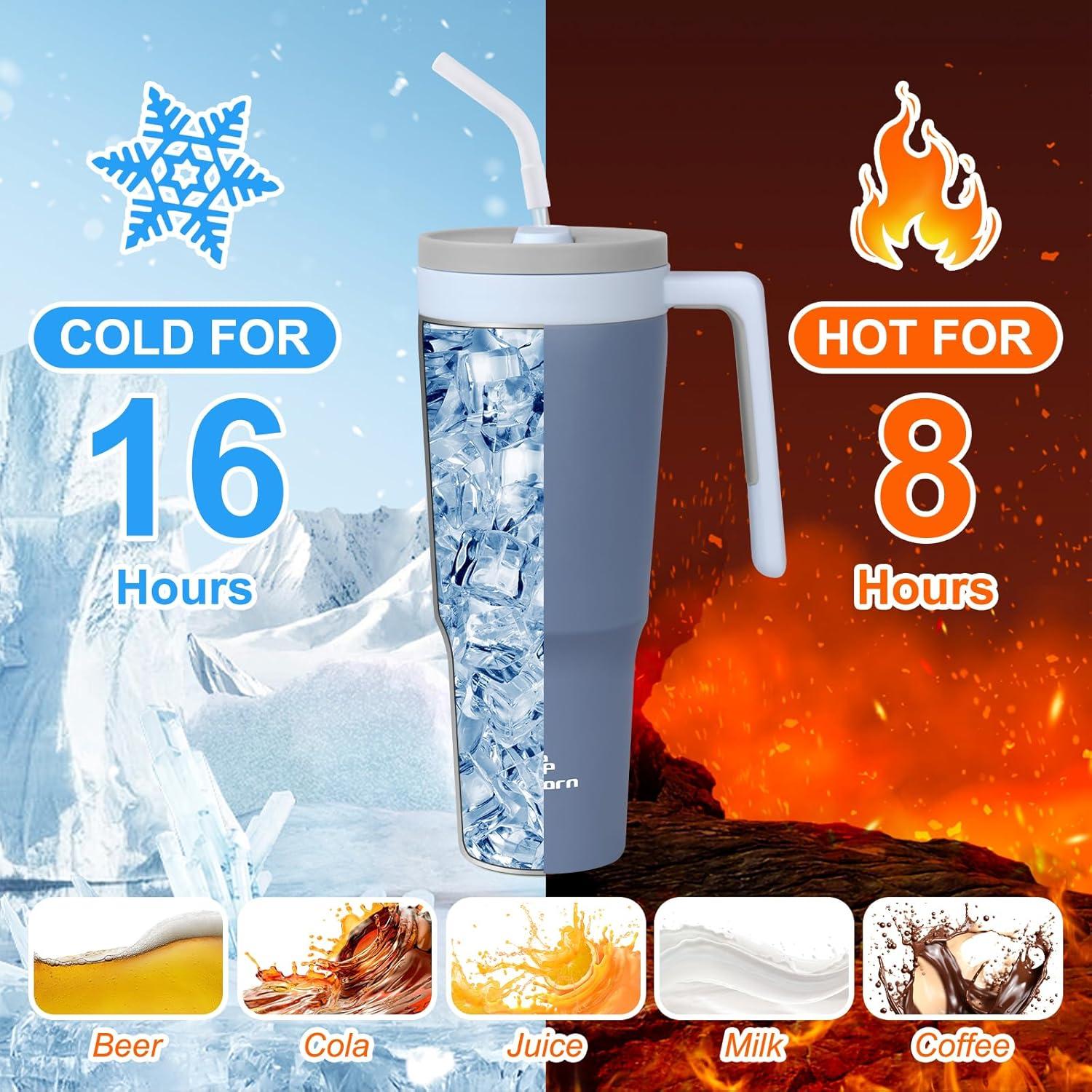 Philorn Thermobecher 1.2L mit Strohhalm und Deckel, Edelstahl, Auslaufsicher