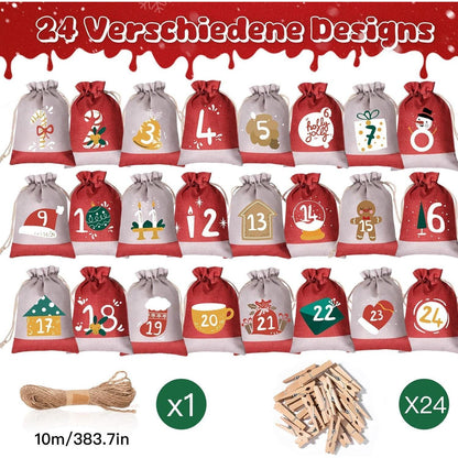 Adventskalender zum Befüllen 24 Säckchen Set 18x13cm Jute