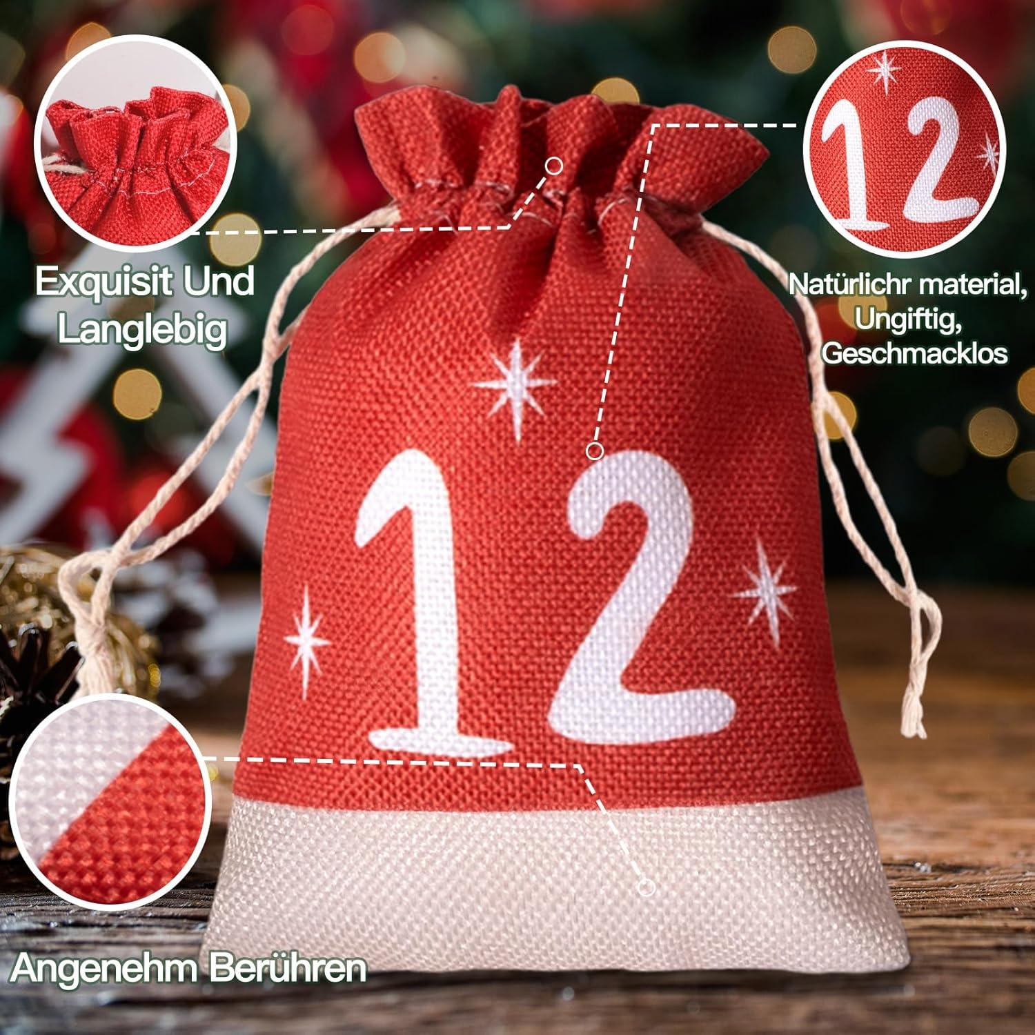 Adventskalender zum Befüllen 24 Stück 18x13cm Jutesäckchen Set Rot Leinen