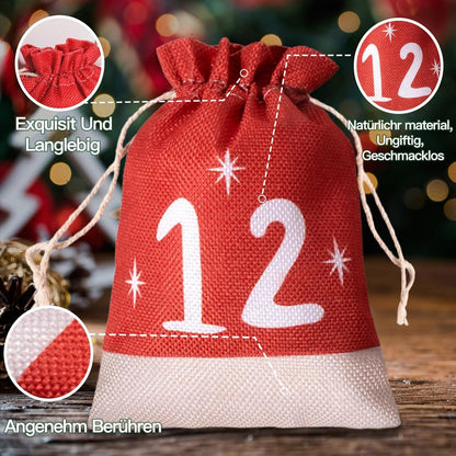 Adventskalender zum Befüllen 24 Stück 18x13cm Jutesäckchen Set Rot Leinen