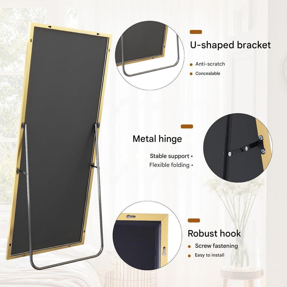 Ganzkörperspiegel 165x60cm Gold mit Ständer – Stehend & Hängend