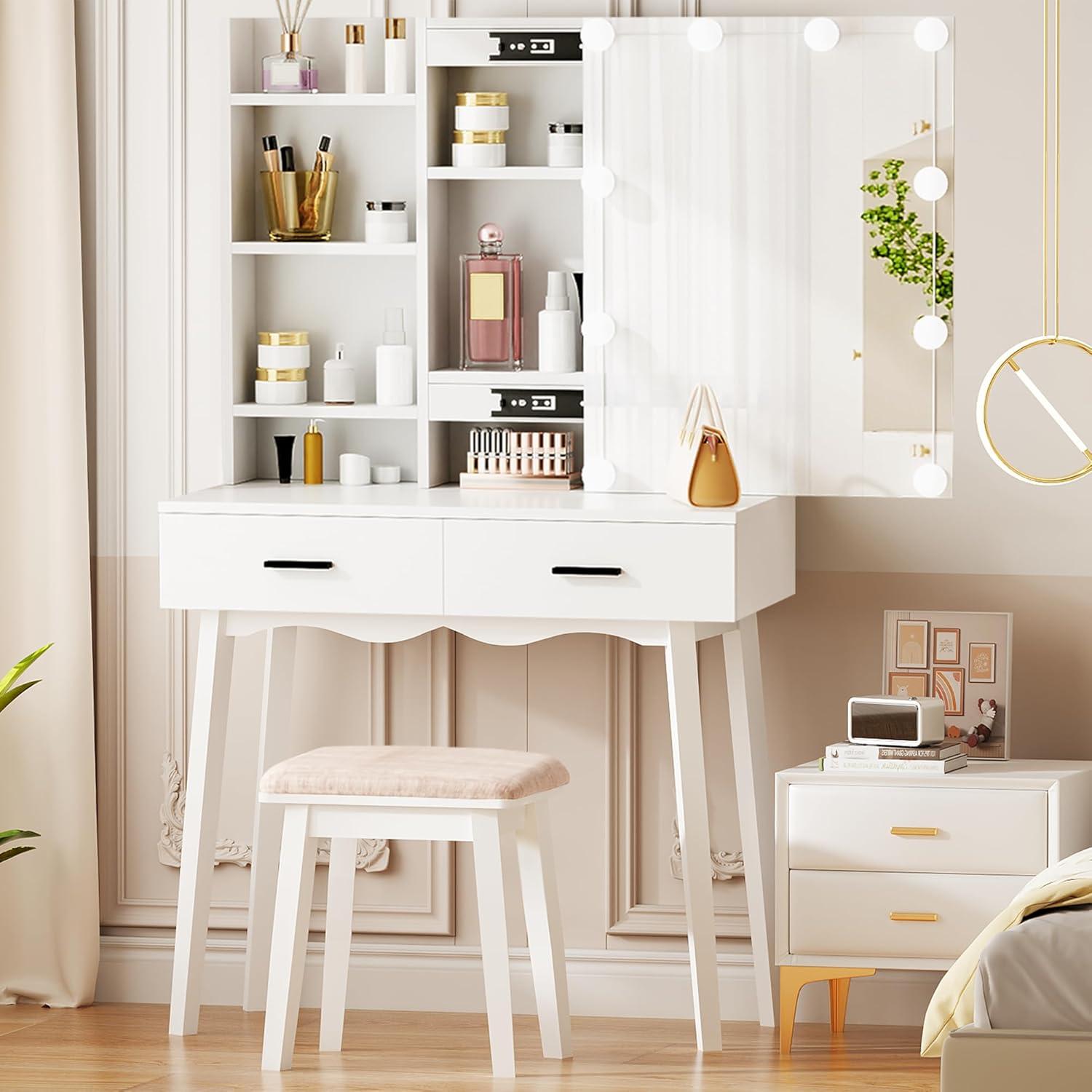 Schminktisch mit LED-Beleuchtung und Schiebespiegel Weiß 80x40x134.5cm