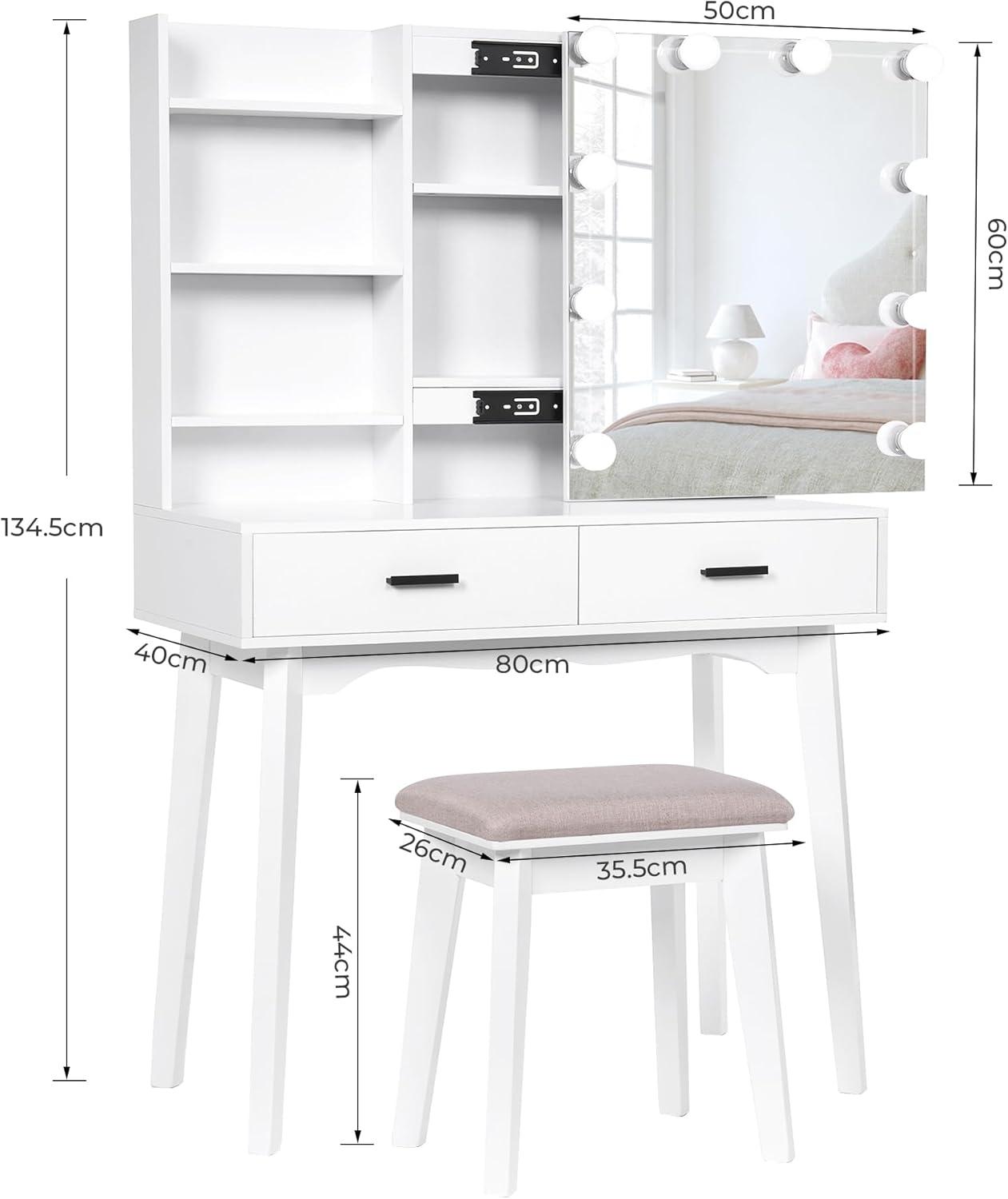 Schminktisch mit LED-Beleuchtung und Schiebespiegel Weiß 80 x 40 x 134.5cm