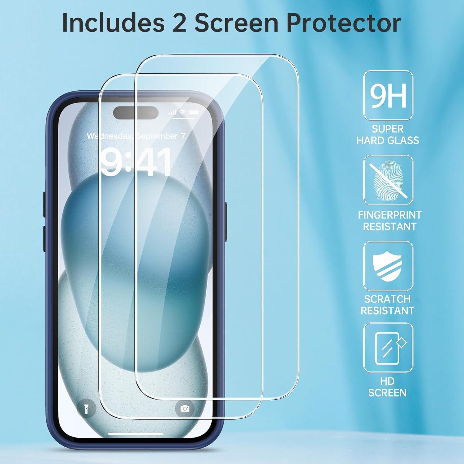 iPhone 15 Handyhülle Blau mit Schutzfolie Stoßfest Kratzfest Anti-Fingerabdruck