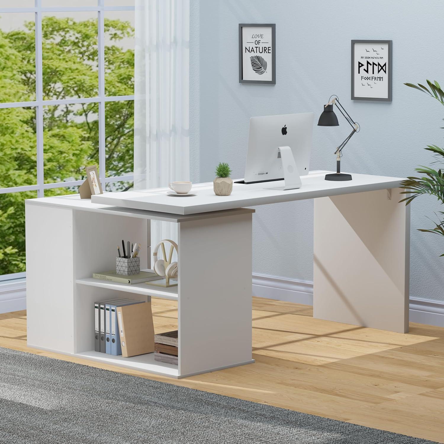 Weißer L-Form Schreibtisch, Computertisch, Bürotisch mit Stauraum 140x50x76 cm