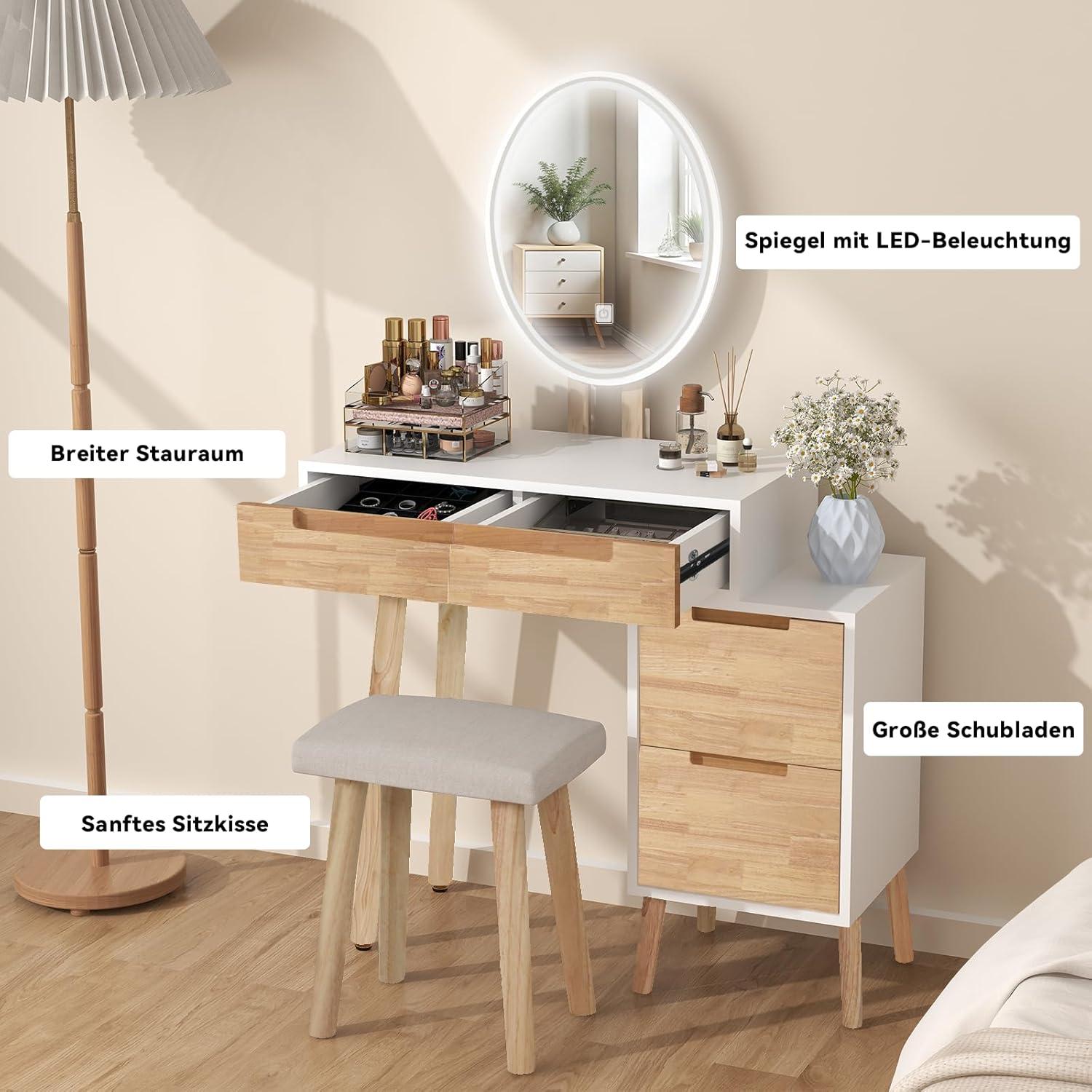 YU Schminktisch LED-Spiegel 4 Schubladen 1 Schrank Stuhl 3