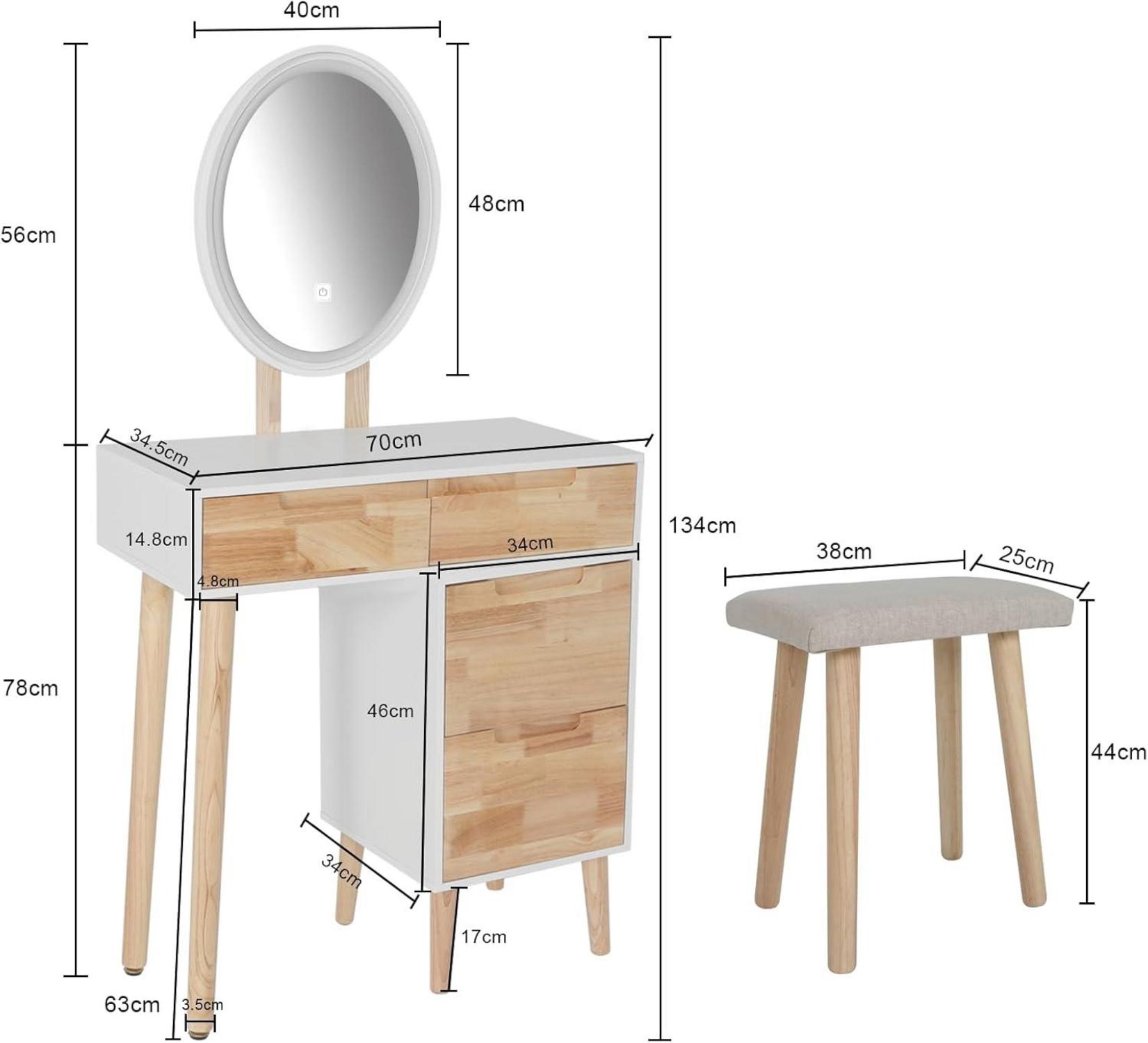 Modern LED Schminktisch mit Spiegel, Stuhl, 4 Schubladen, Schrank