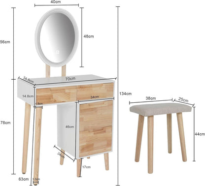 Modern LED Schminktisch mit Spiegel, Stuhl, 4 Schubladen, Schrank