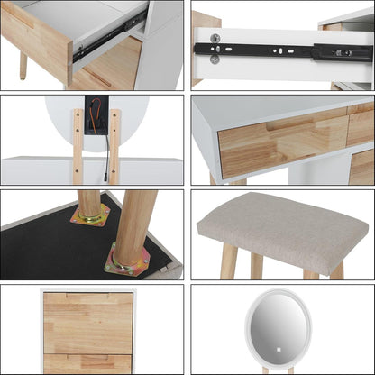 Modern LED Schminktisch mit Spiegel, Stuhl, 4 Schubladen, Schrank