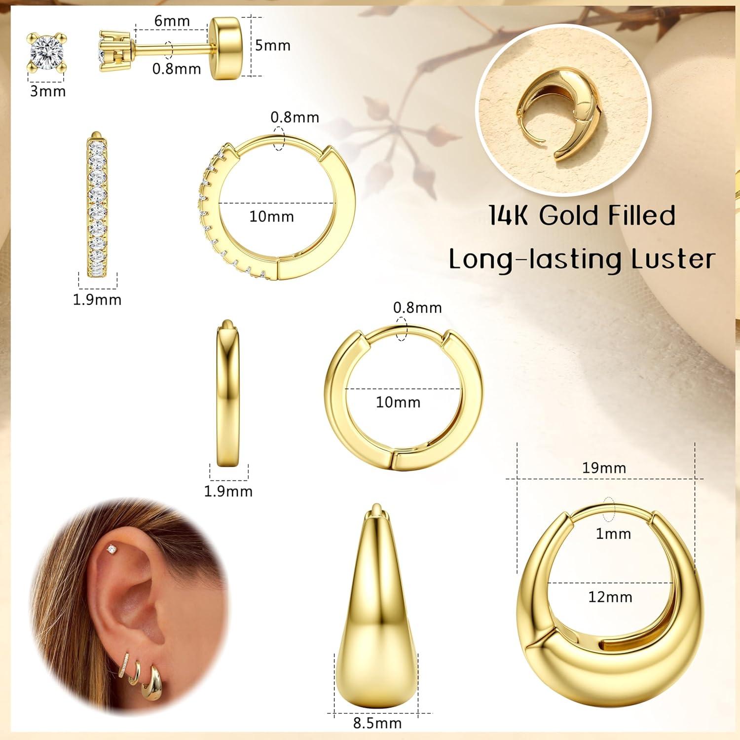 Adramata Creolen Ohrringe Set Damen 14K Vergoldet Piercing