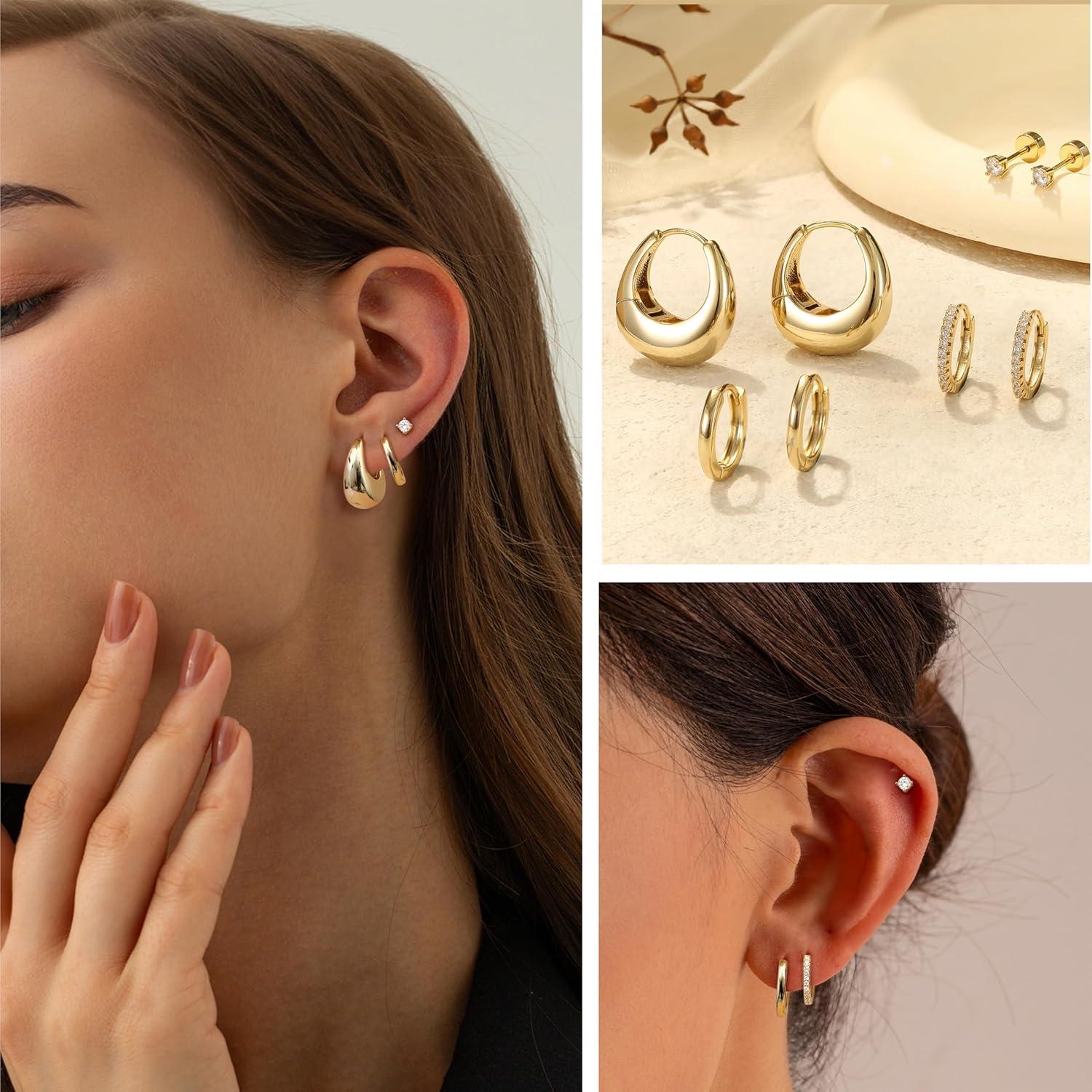 Ohrringe Set Damen Silber Gold Creolen Ohrstecker 14K Vergoldet Piercing Tragus Helix Conch 4 Paar