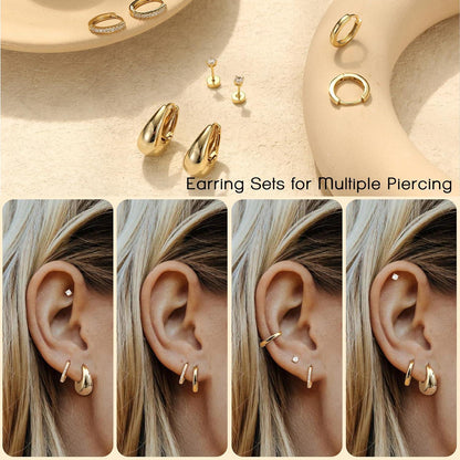 Adramata Damen Ohrringe Set Silber Gold Creolen Ohrstecker 14K
