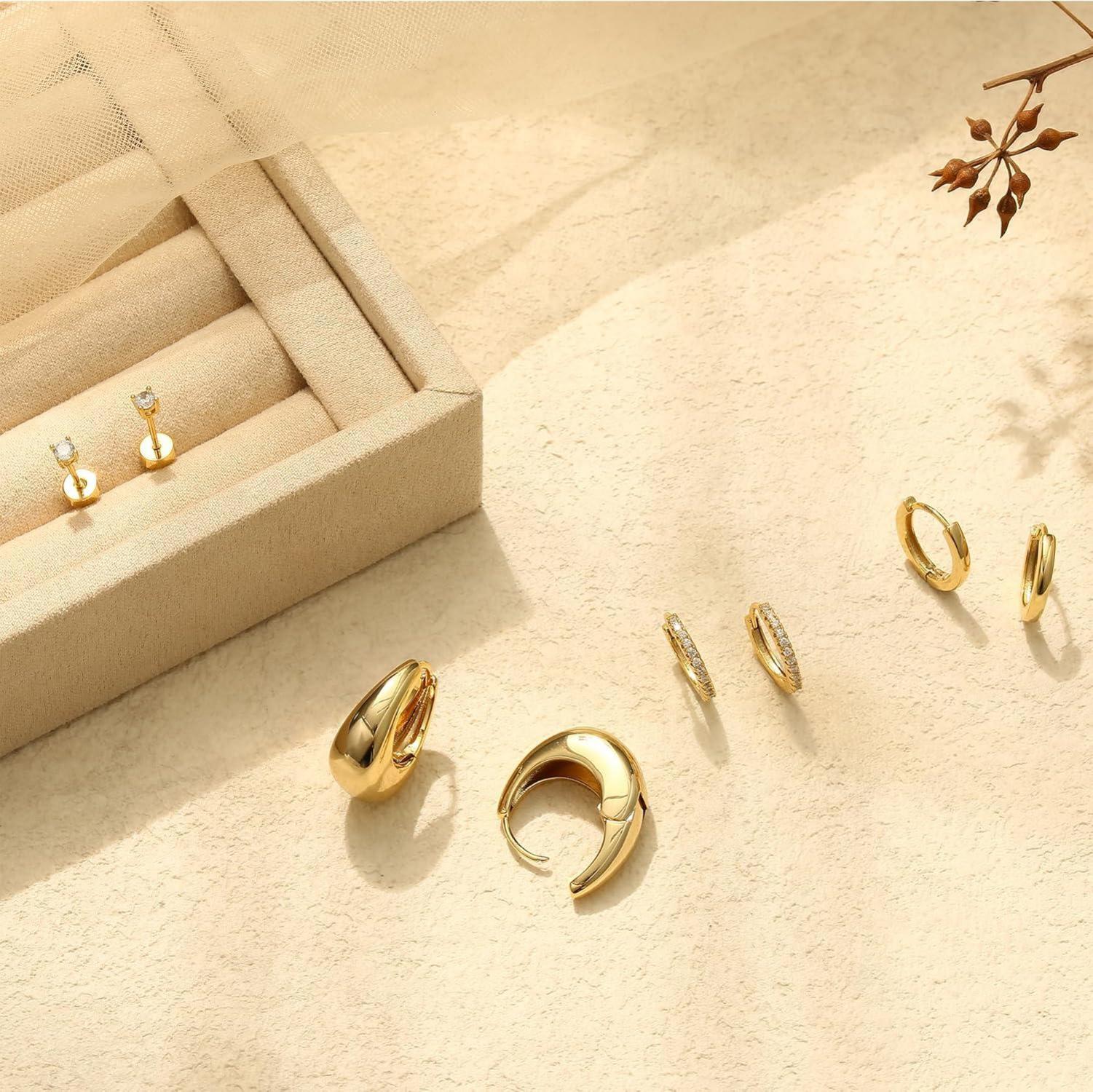 4 Paar Damen Ohrringe Set Silber Gold Creolen Ohrstecker 14K Vergoldet
