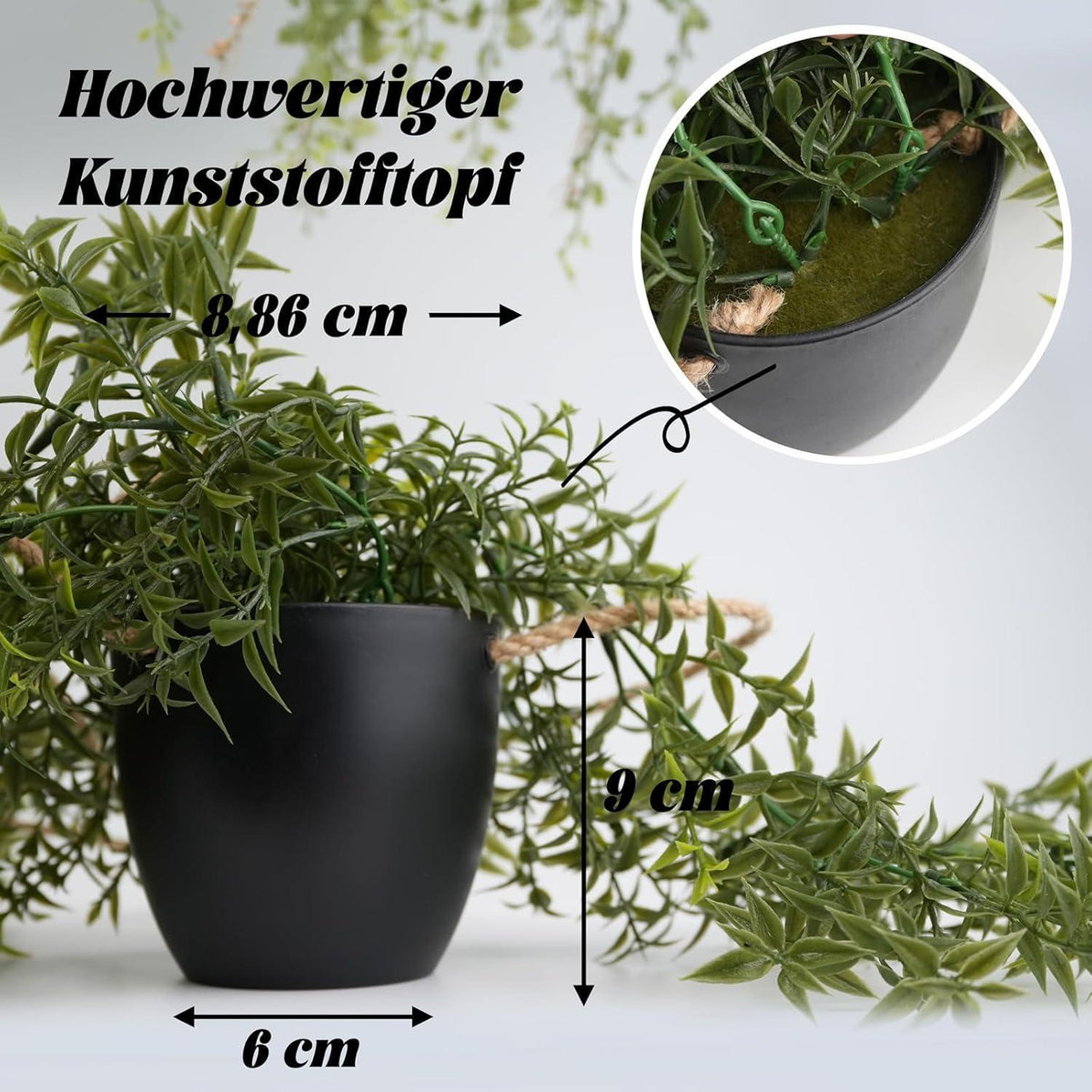 Künstliche Hängepflanzen 3er Set im schwarzen Topf, lebensecht & pflegeleicht