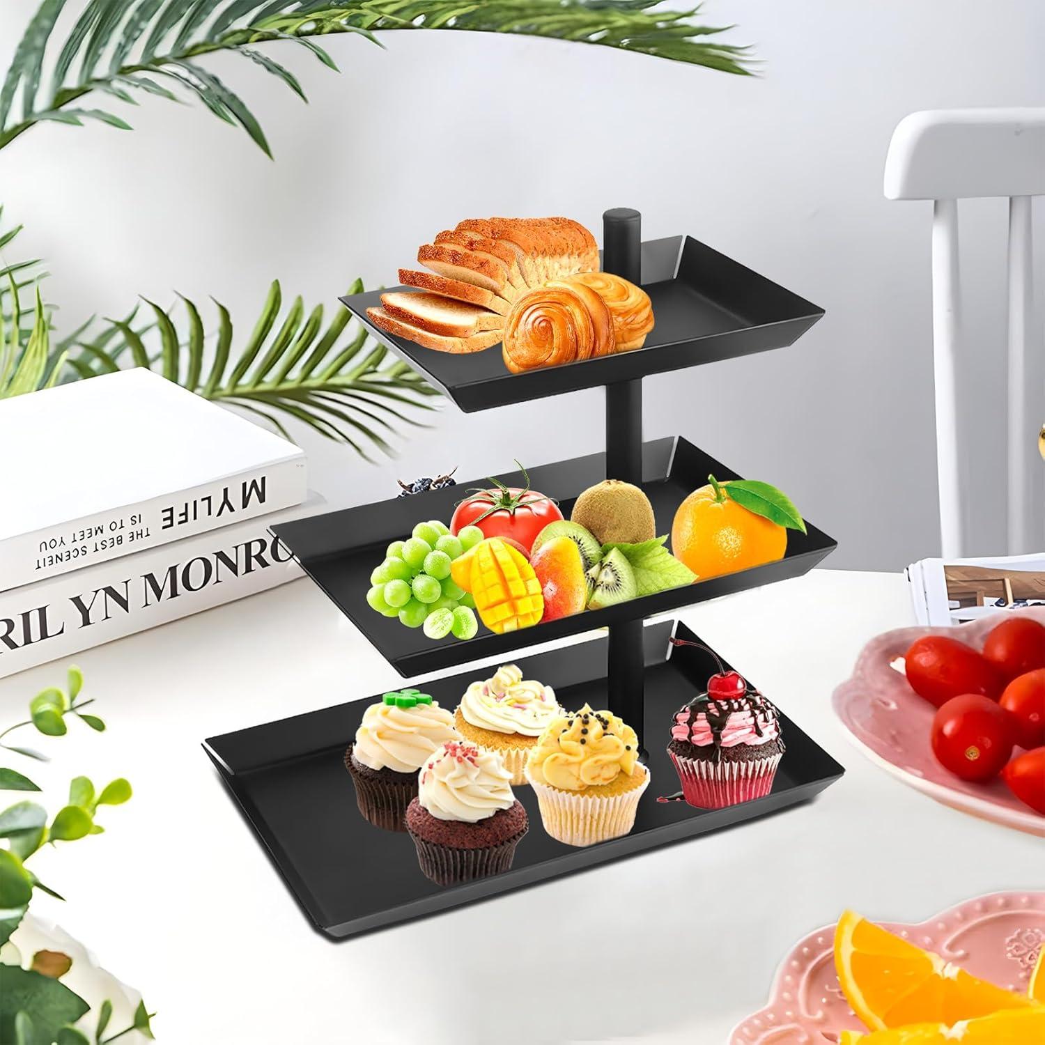 Schwarze Obst Etagere 3-stöckig Metall Stahl 360° Drehbar Servierplatte