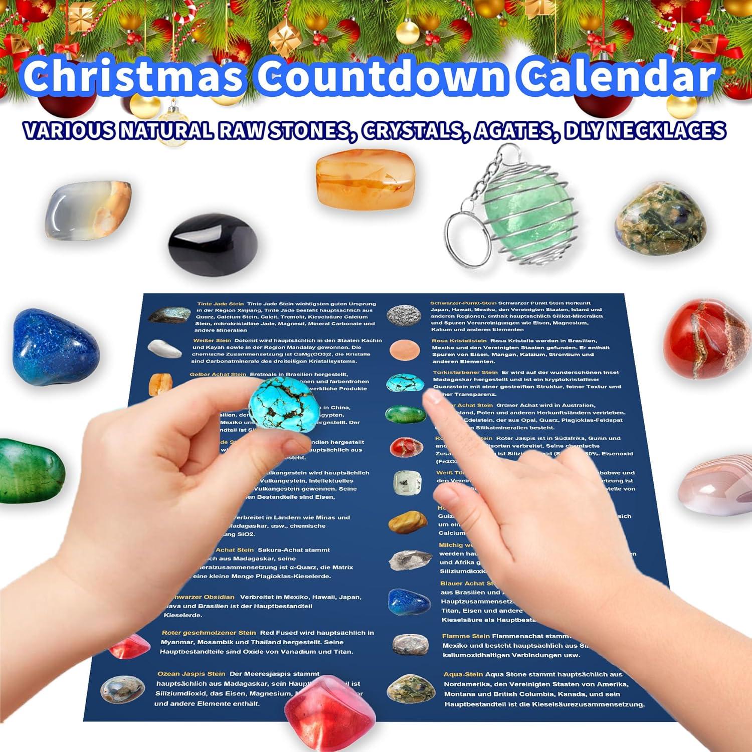 Adventskalender Kinder 2024 mit Edelstein Kristalle Anhänger