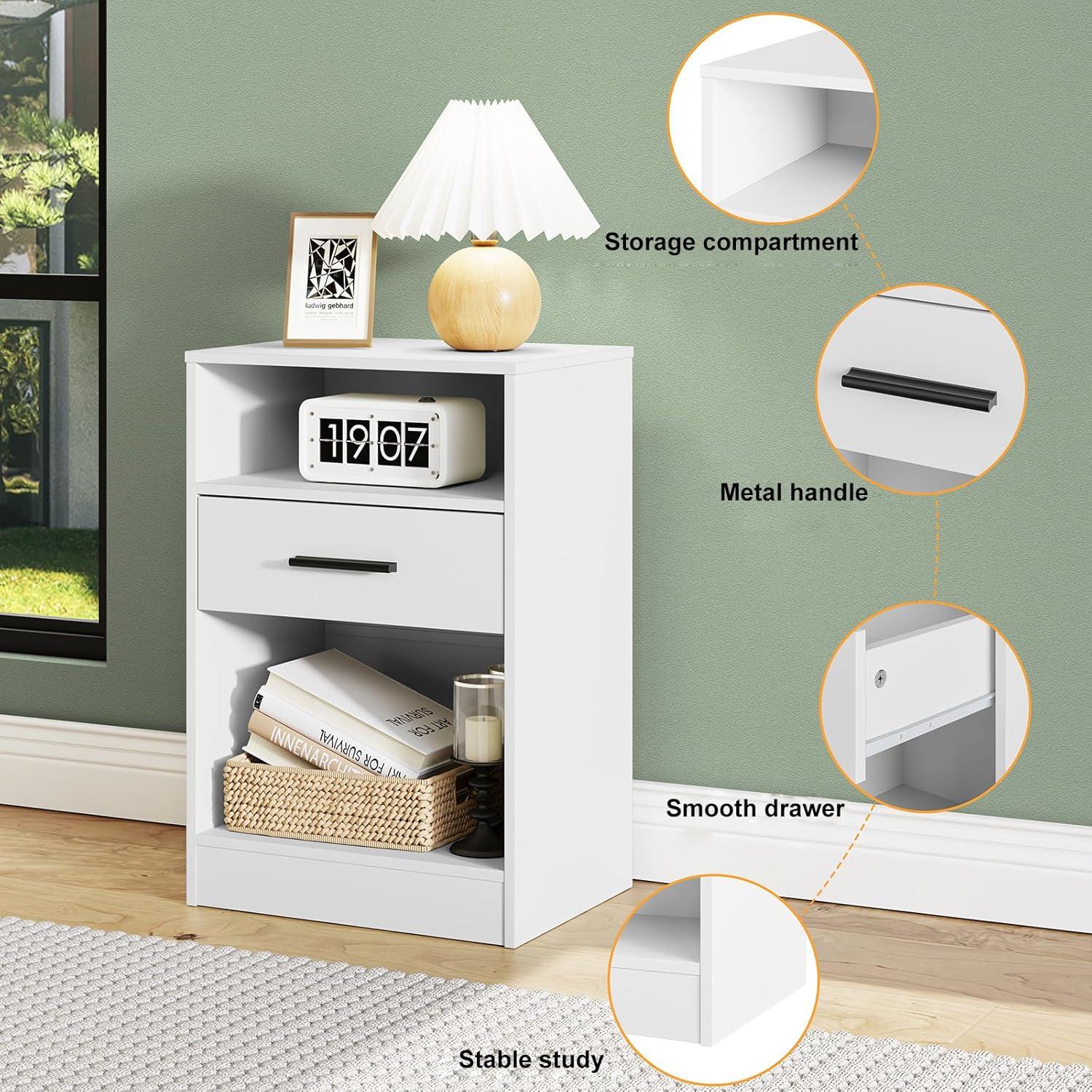 Nachttische 2er Set Weiß mit Schublade und offenes Fach 30x40x60cm (2