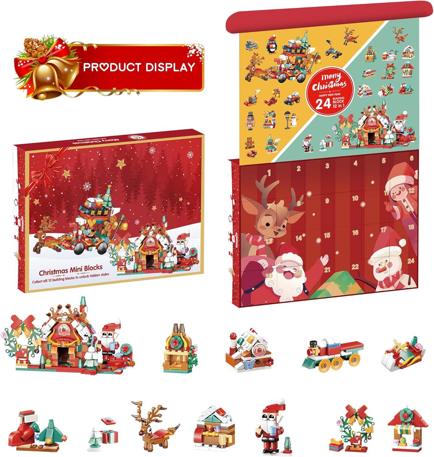 Weihnachts-Adventskalender für Kinder 2024 Bausteine 24-Tage-Überraschung Mädchen Jungen Countdown Kalender 12-in-1-Spielzeugset