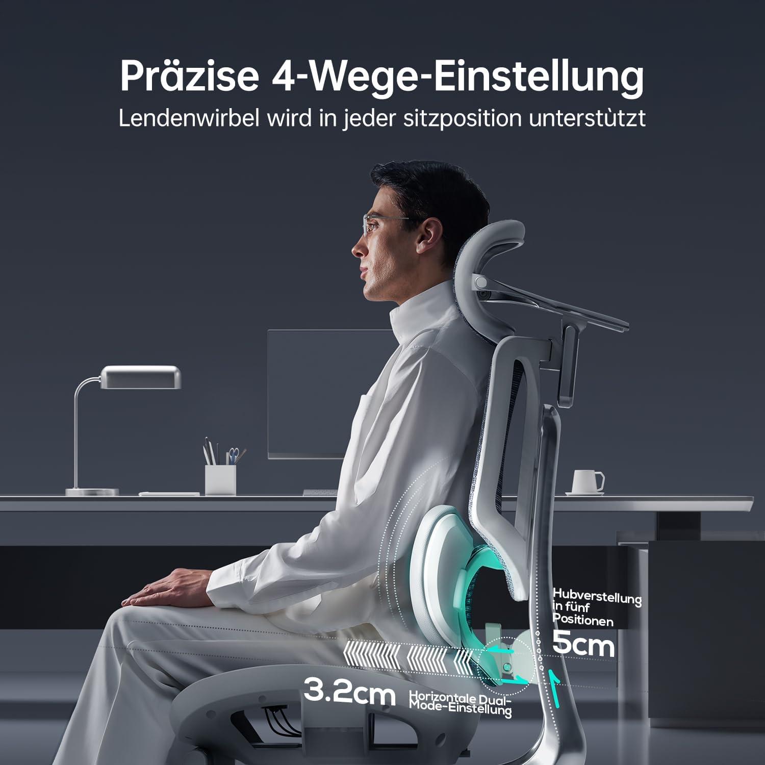 Ergonomischer Bürostuhl mit 3-Zonen-Lendenwirbelstütze und