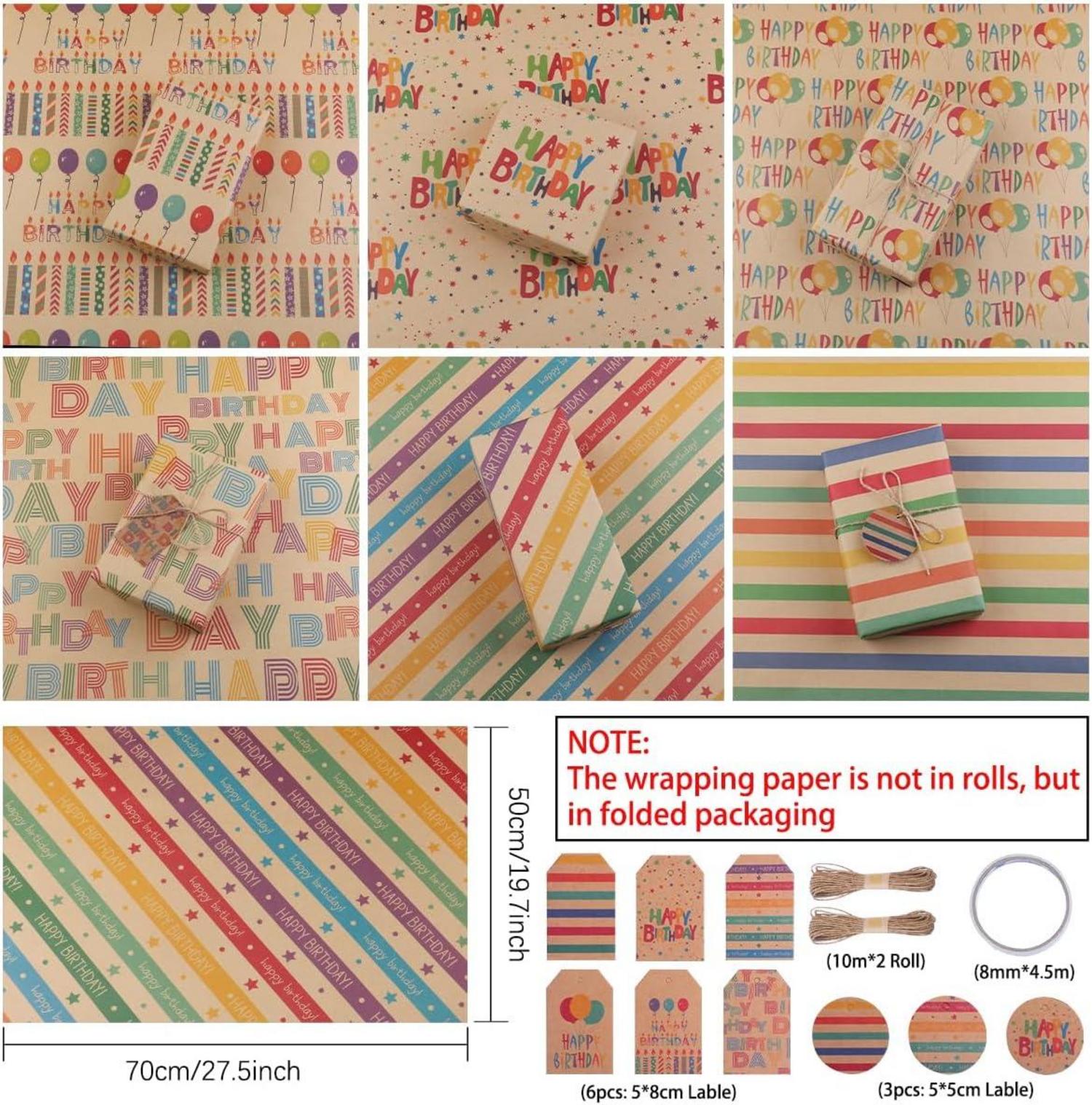 Geschenkpapier Geburtstag Fröhliche Designs, 6 Blatt 50x70cm mit