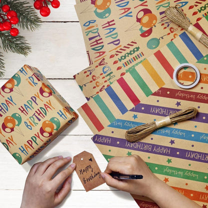 Geschenkpapier Geburtstag 6 Blatt 50x70cm Fröhliche Designs + Geschenkanhänger