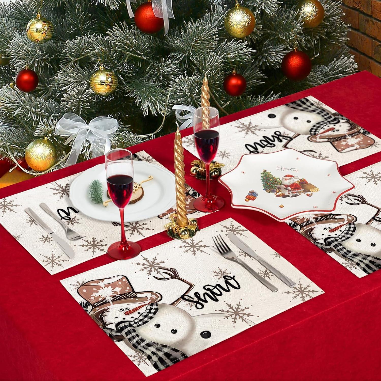 Weihnachtsdeko Platzset 4er Set Tischsets Abwaschbar Schneemann 30x45cm