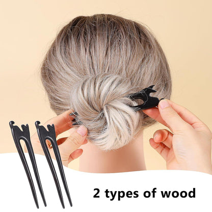 2 x Große Französische Haarnadeln U-Form 13cm Holz Katzenmuster