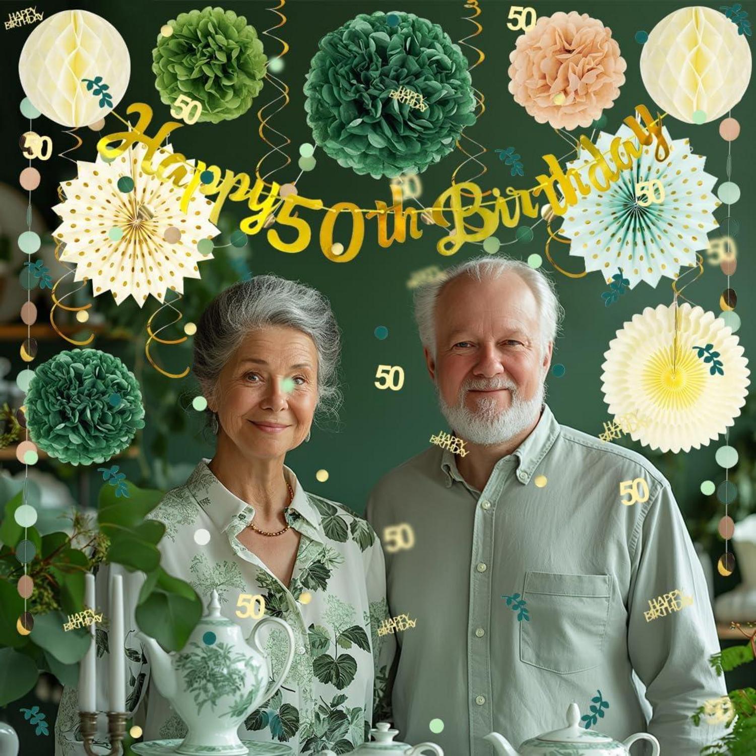 Party Deko 50 Geburtstag Grün Gold Pompons Konfetti Wabenbälle