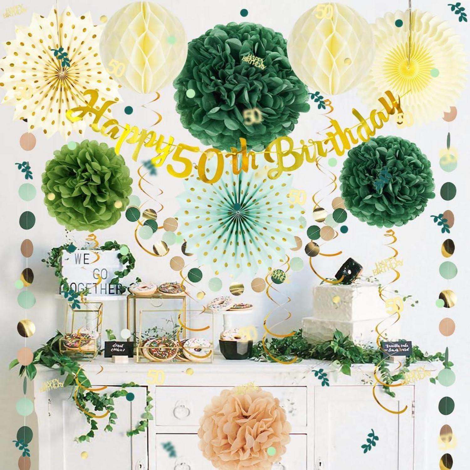 50. Geburtstag Deko Set | Grün Gold | Party Deko mit Pompons Wabenbälle Girlande Konfetti