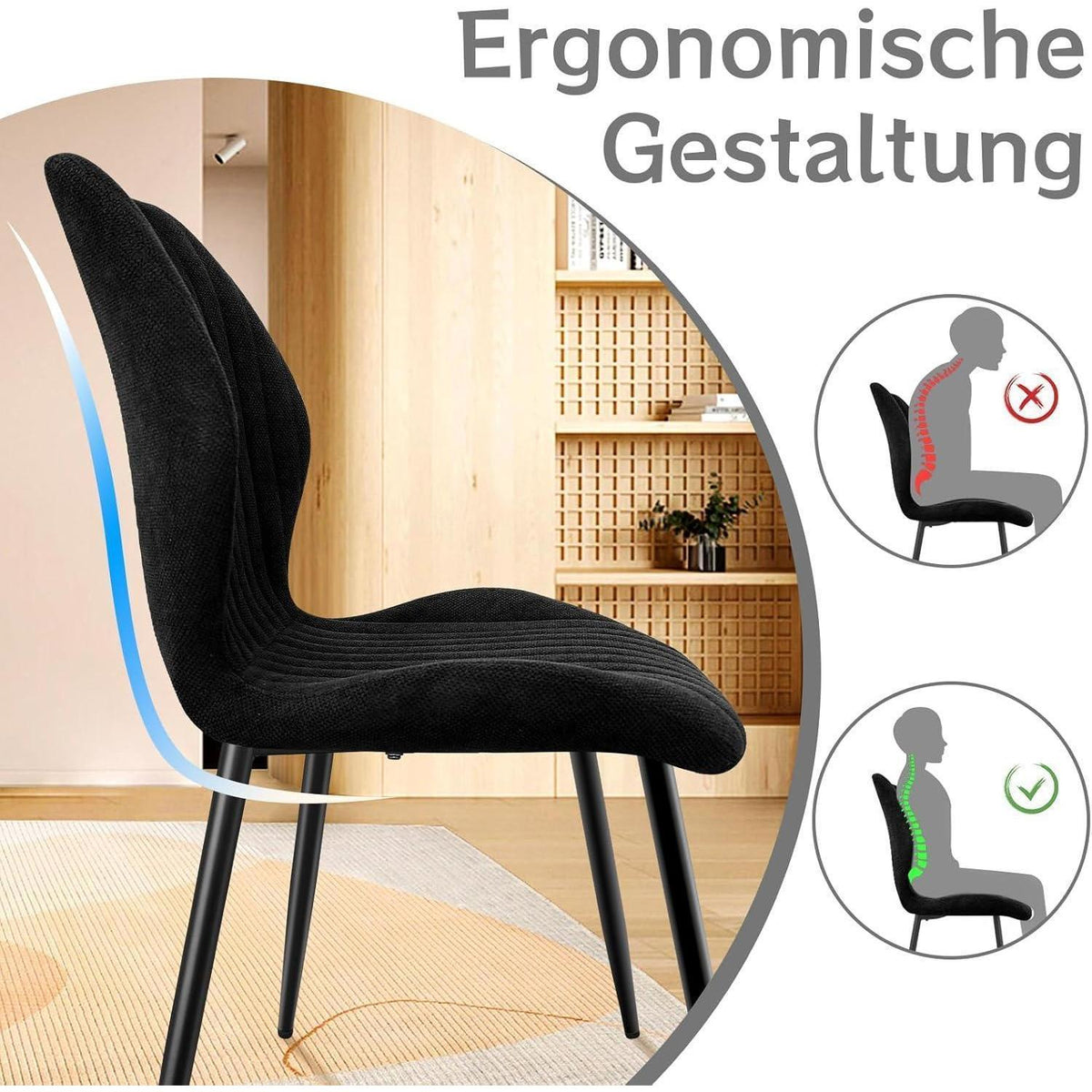 Esszimmerstühle 4er Set – Polsterstühle Schwarz mit Metallbeinen