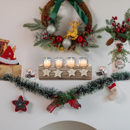 Adventskranz Holz Kerzenhalter mit Glas Teelichthalter - Boho Weihnachtsdeko 38cm