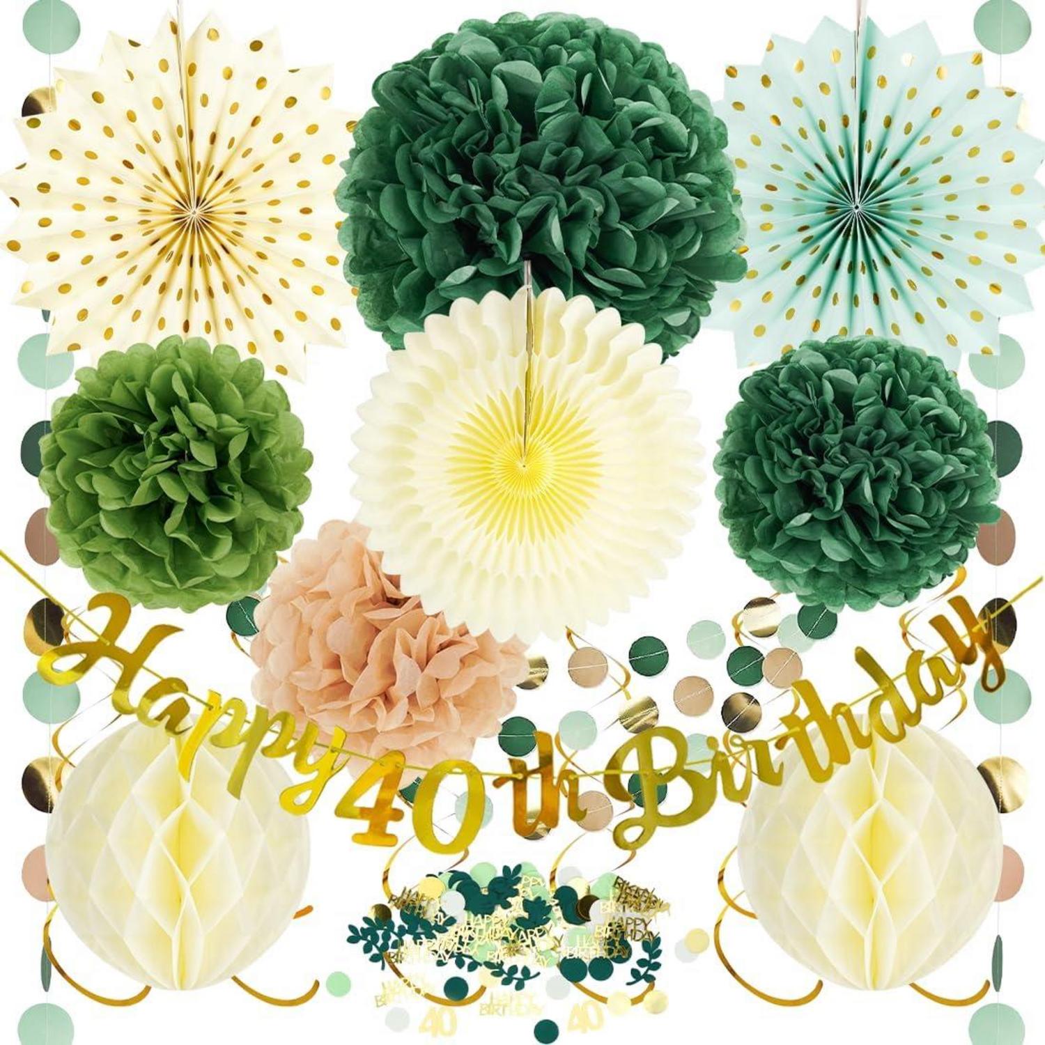 40. Geburtstag Deko Set Grün Gold Papierfächer Pompons Wabenbälle
