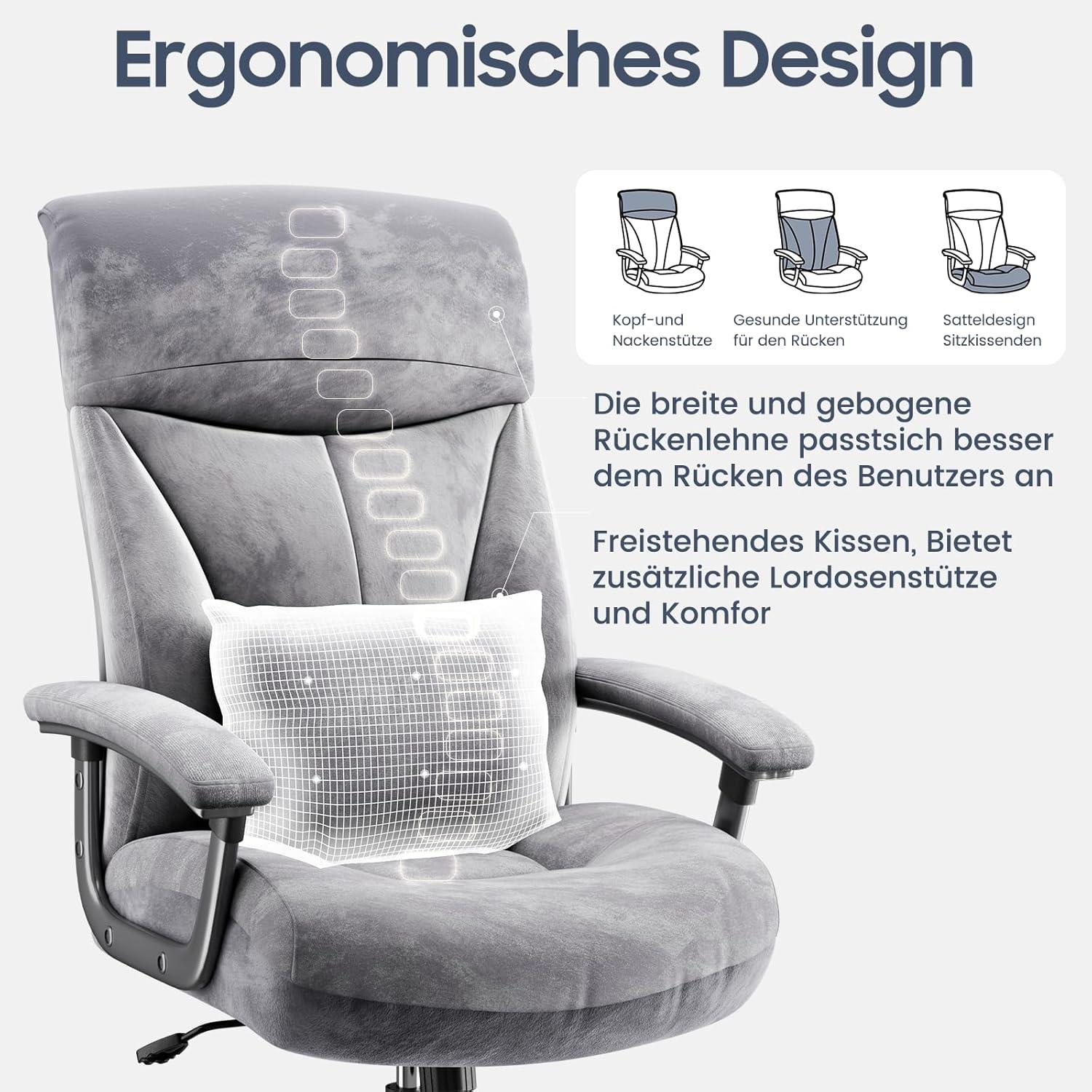 Asukale Ergonomischer Bürostuhl XXL 200kg belastbar Samt Grau