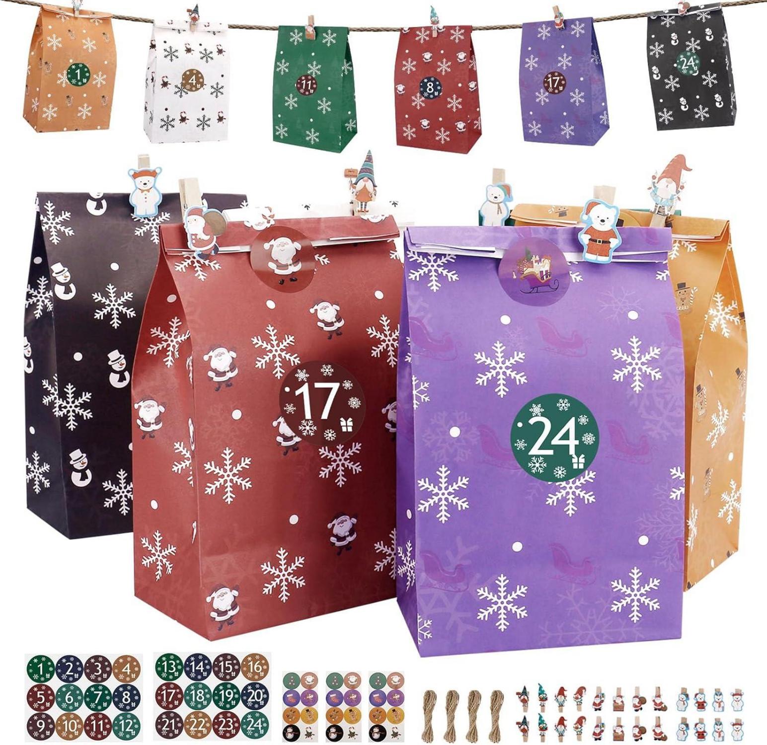 24 Kraftpapiertüten Weihnachtskalender Set mit Aufkleber