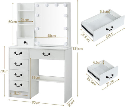 Schminktisch mit LED Beleuchtung und Spiegel, Frisiertisch 80x40x130cm