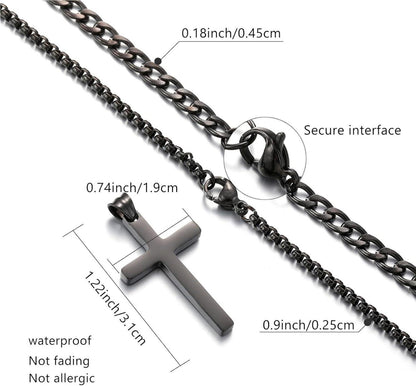 Herren Kreuz Kette Edelstahl Layered Kubanische Halskette Schwarz 20/22 cm