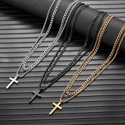 Kreuz Kette Herren Edelstahl Silber Gold Schwarz Layered Kubanische