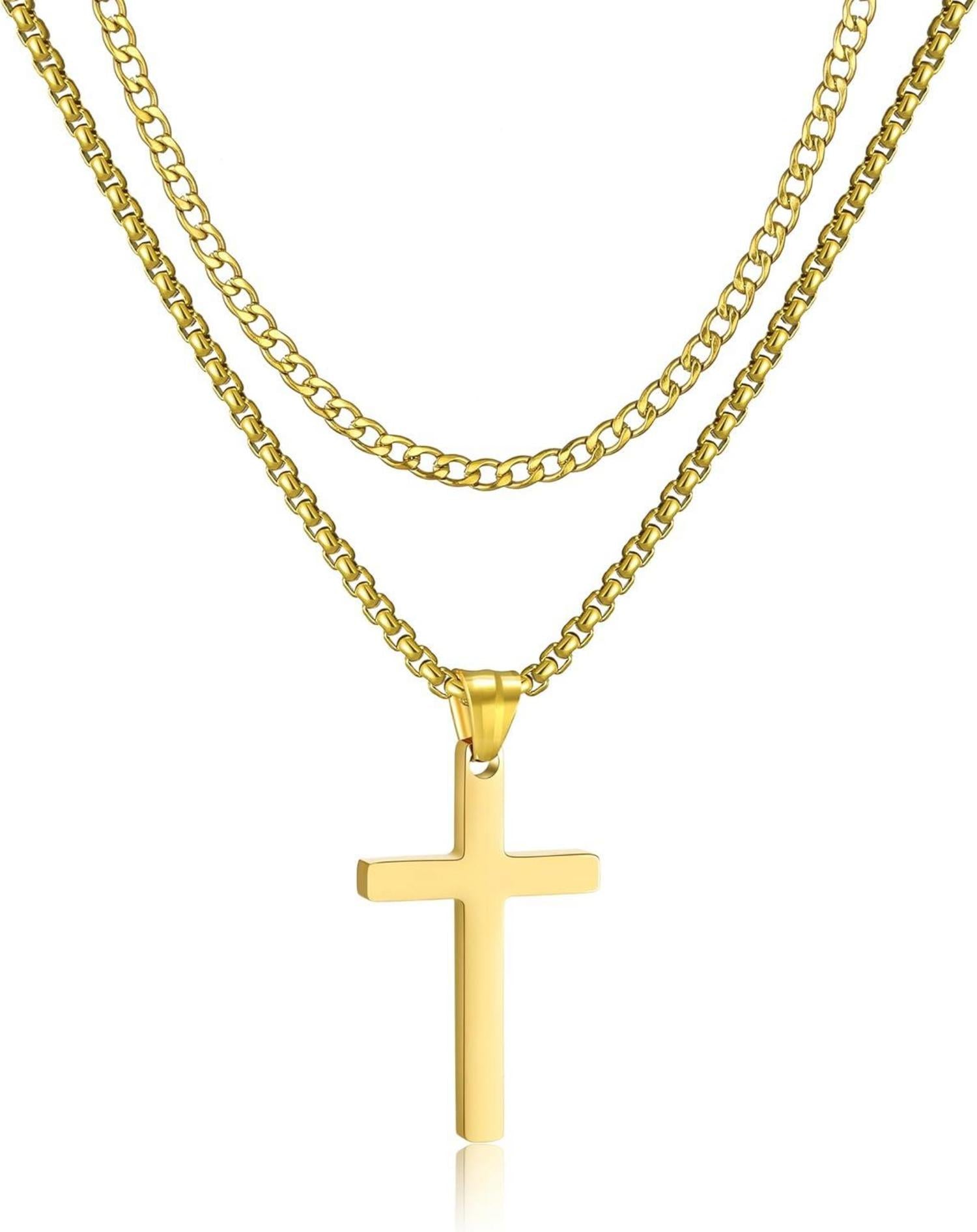 Herren Edelstahl Kreuz Kette Layered Kubanische Halskette Schwarz Gold