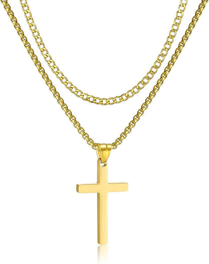 Herren Edelstahl Kreuz Kette Layered Kubanische Halskette Schwarz Gold