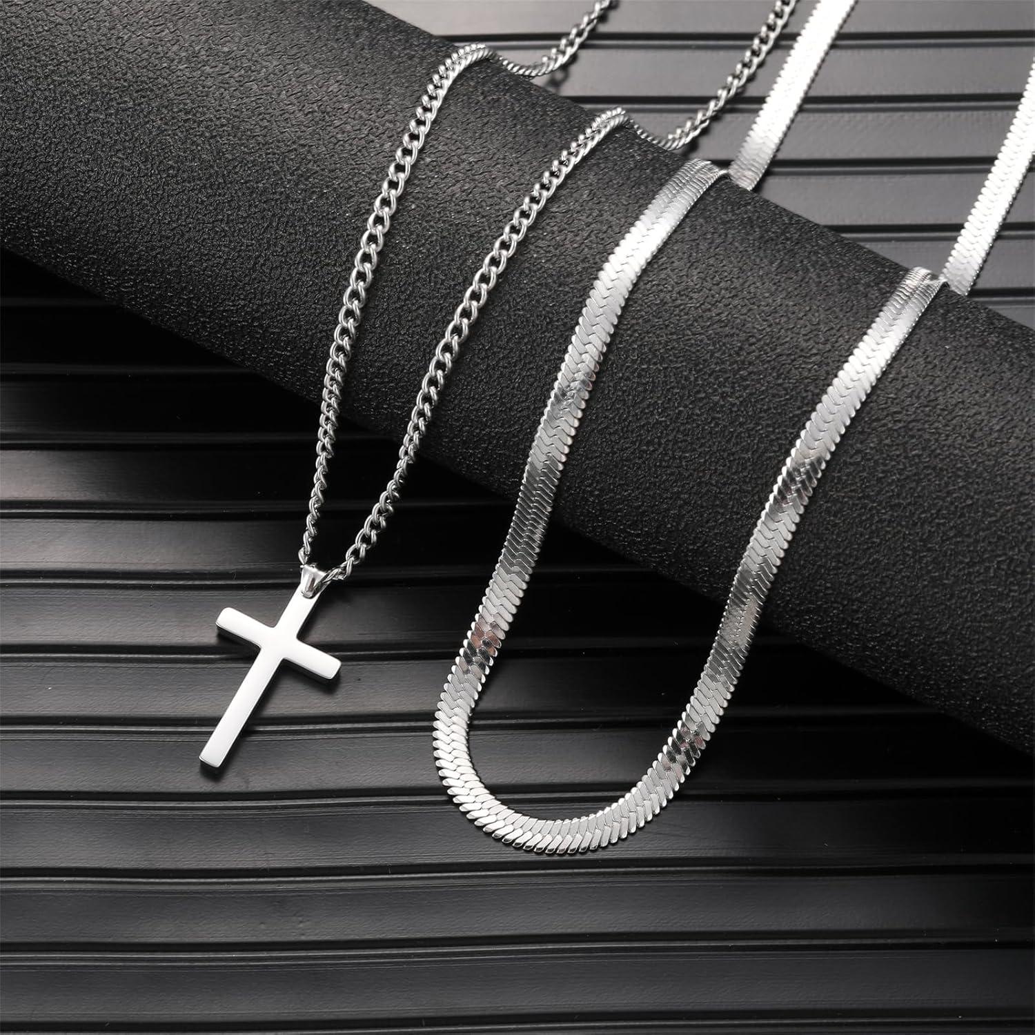 Herren Schlangenkreuz-Ketten Set, Edelstahl Layered Kreuz Gold/Silber/Schwarz