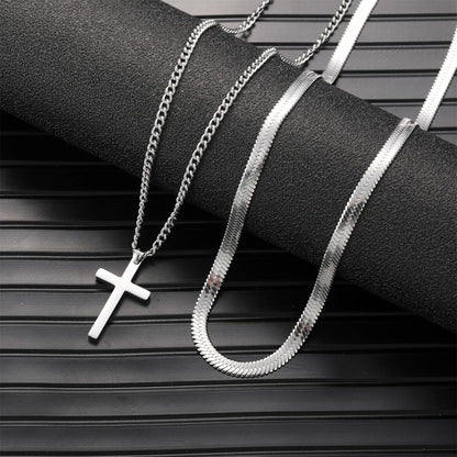Herren Schlangenkreuz-Ketten Set, Edelstahl Layered Kreuz Gold/Silber/Schwarz