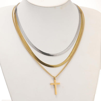 Kreuzkette Herren Edelstahl Silber/Gold/Schwarz Layered Kreuzanhänger