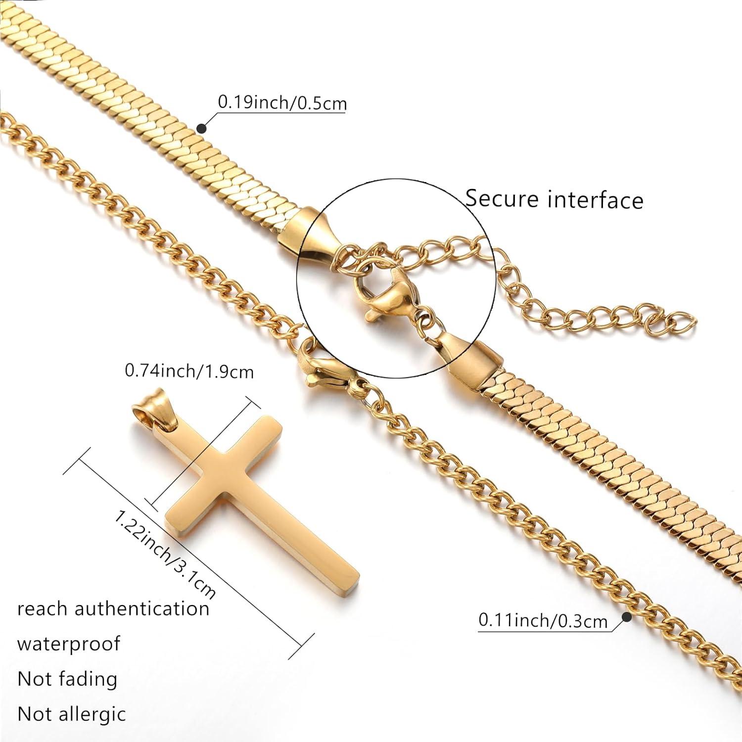 RWQIAN Herren Kreuzkette Edelstahl Layered Schlangenkette mit Kubanische Anhänger 60cm Gold