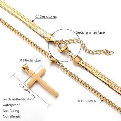 RWQIAN Herren Kreuzkette Edelstahl Layered Schlangenkette mit Kubanische Anhänger 60cm Gold